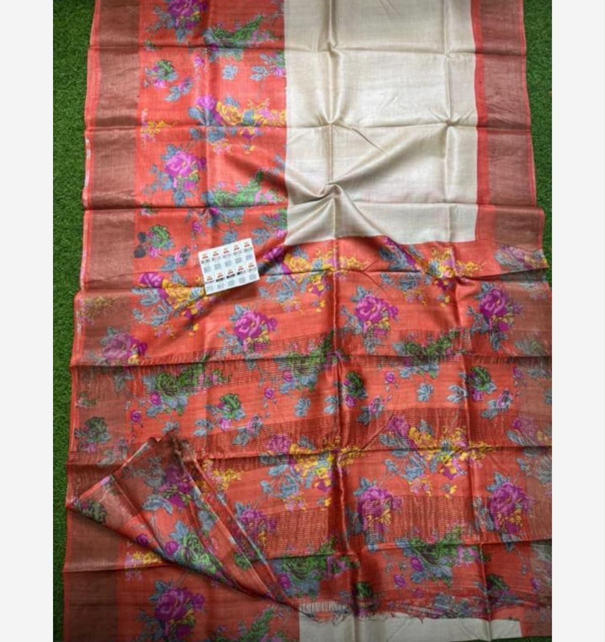 Cream and Orange Floral Tussar Silk Saree