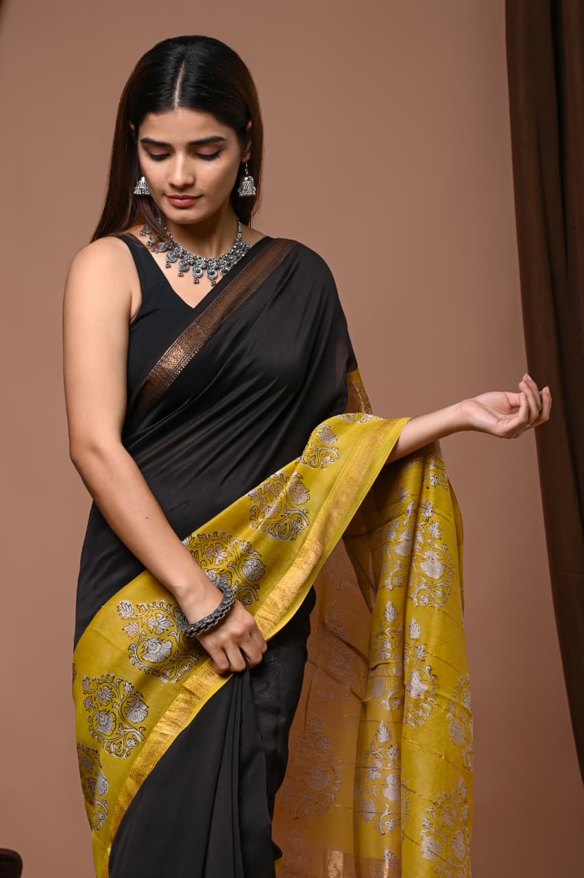 Hand Block Printed Maheshwari Silk Saree