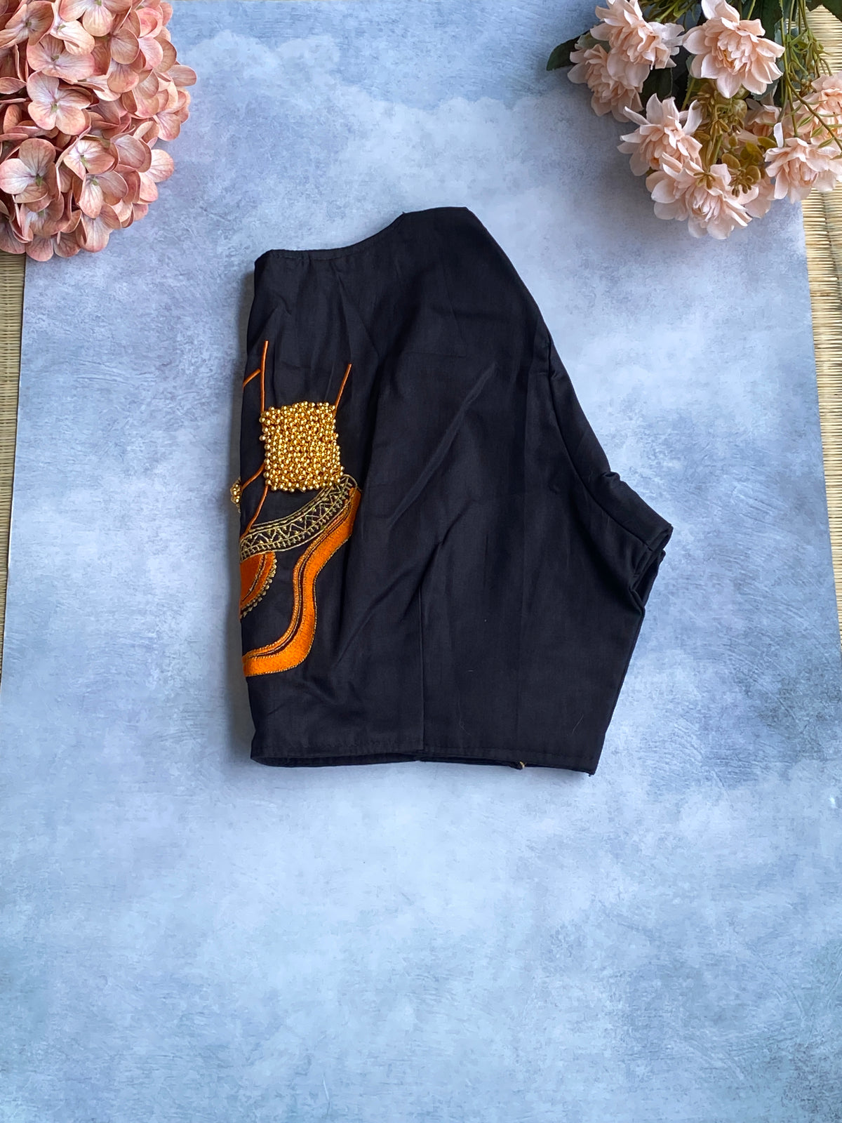 Black Gold-Orange Floral Embroidered Blouse