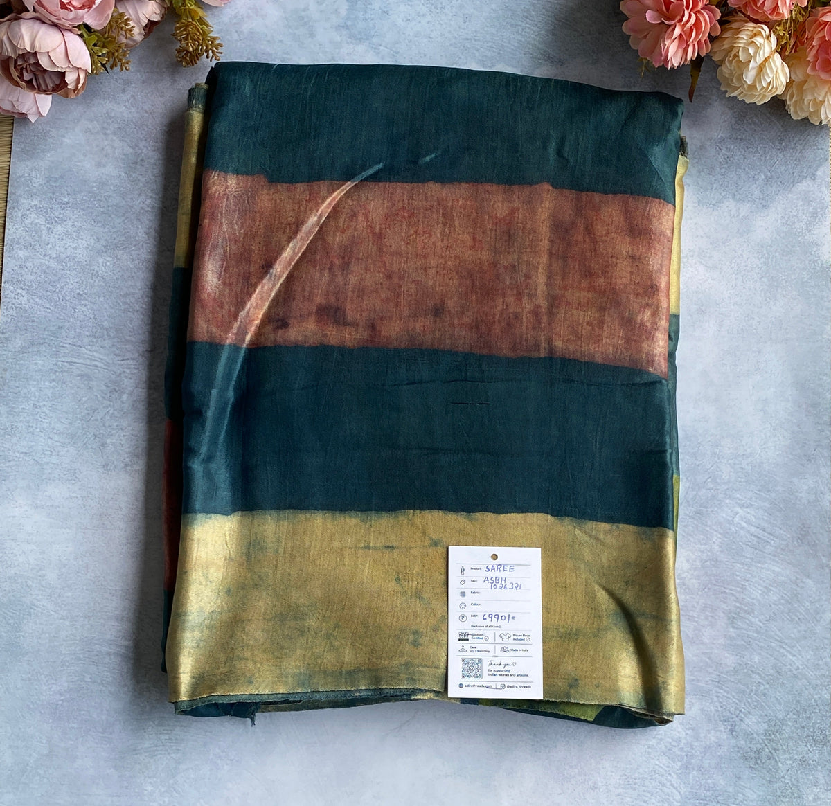 Teal, Rust and Cream Striped Saree