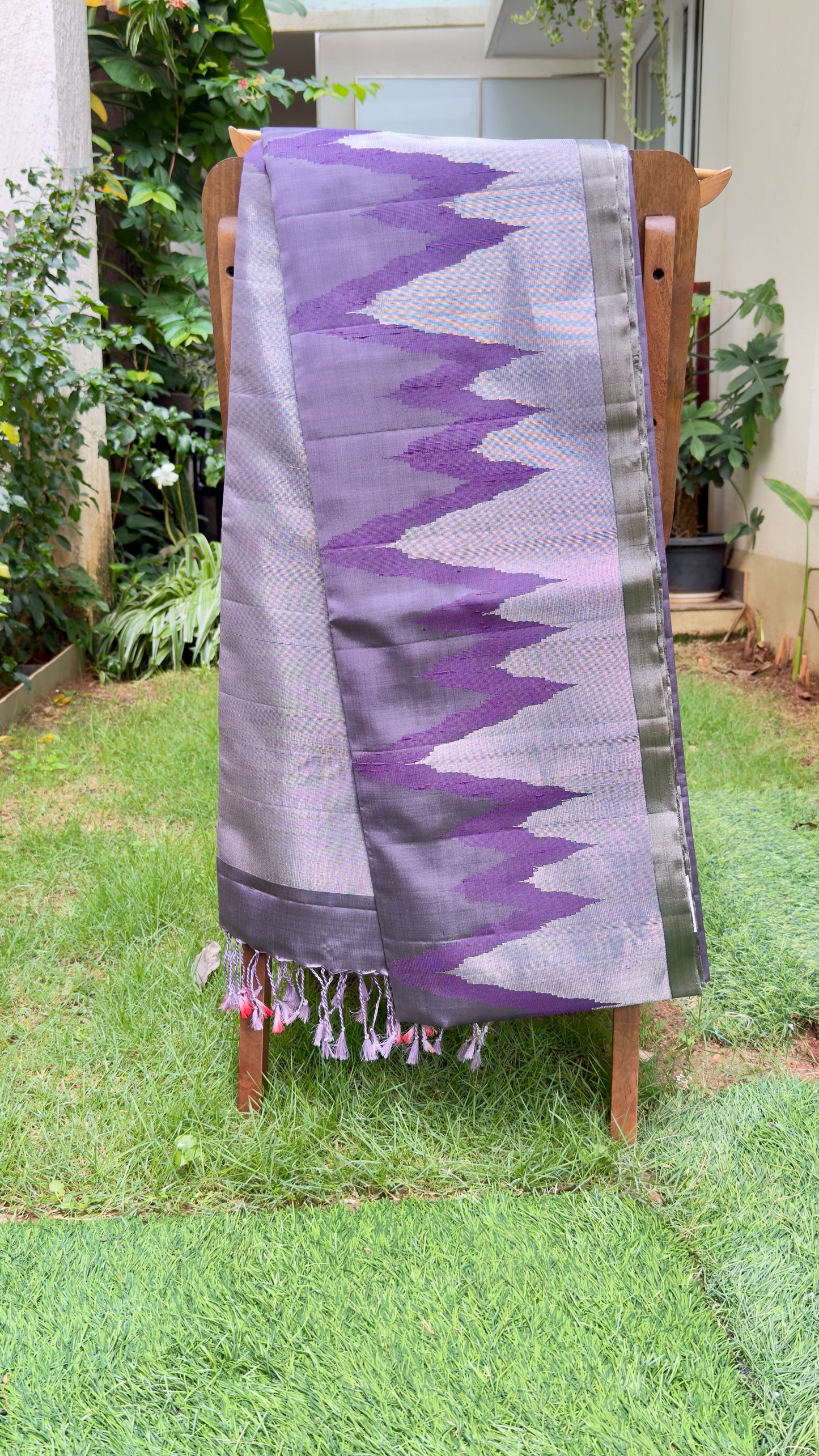 Lavender Grey Silk Saree with Temple-Inspired Geometric Border