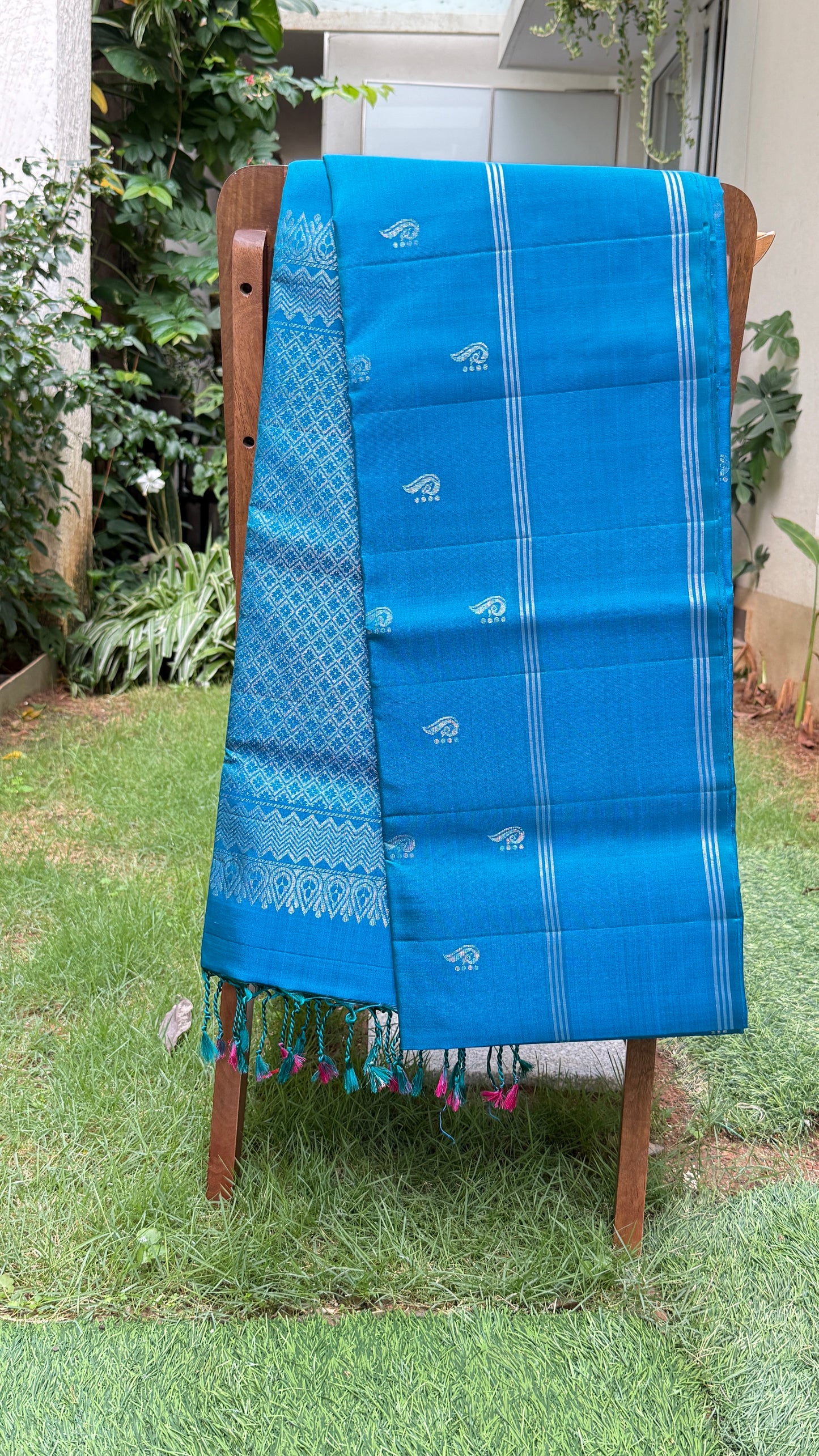 Turquoise Blue Silk Saree with Paisley Motifs