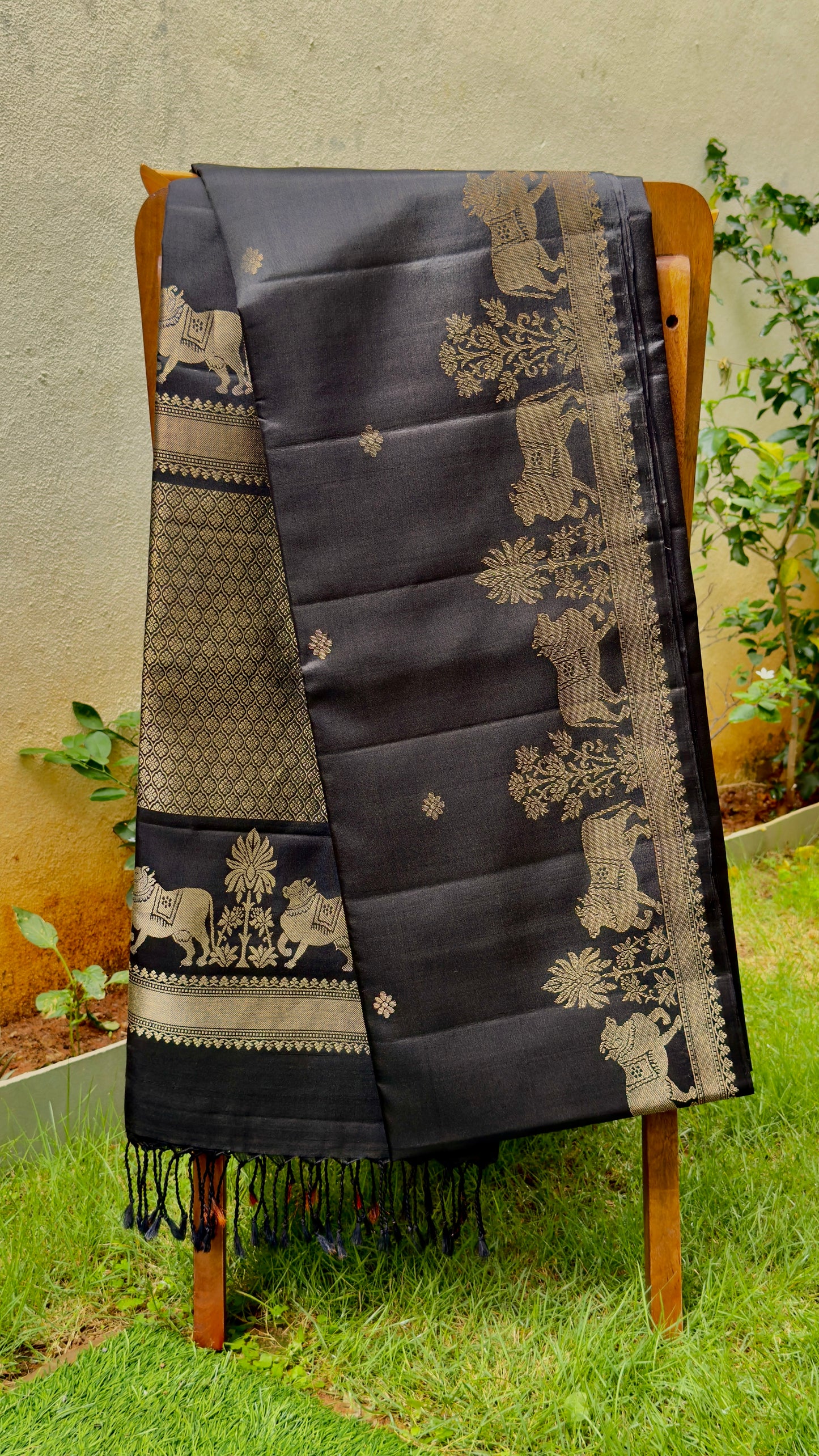 Midnight Black Silk Saree with Divine Cow Motif Border