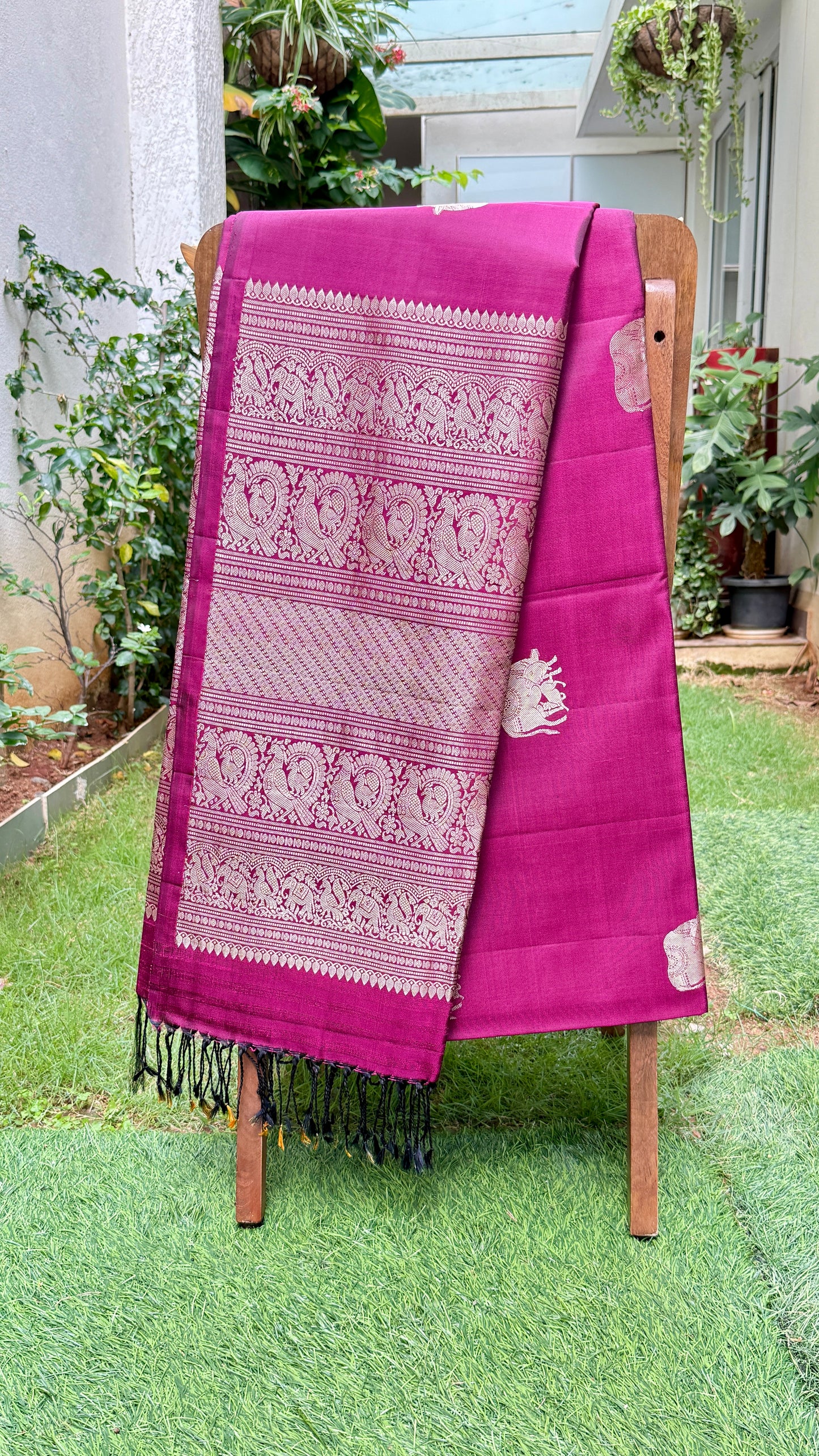Royal Fuchsia Pink Silk Saree with Kamadhenu Motif Border