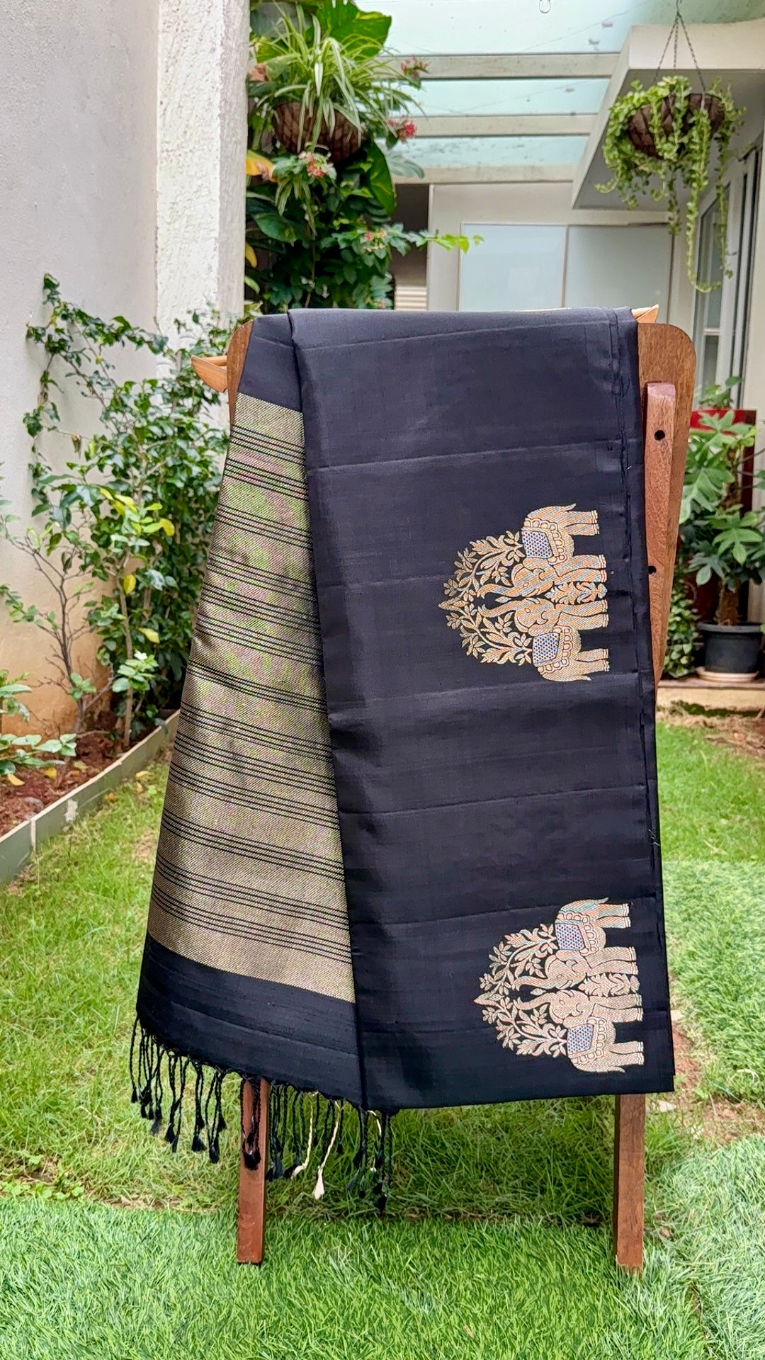 Midnight Black Silk Saree with Royal Elephant Motifs