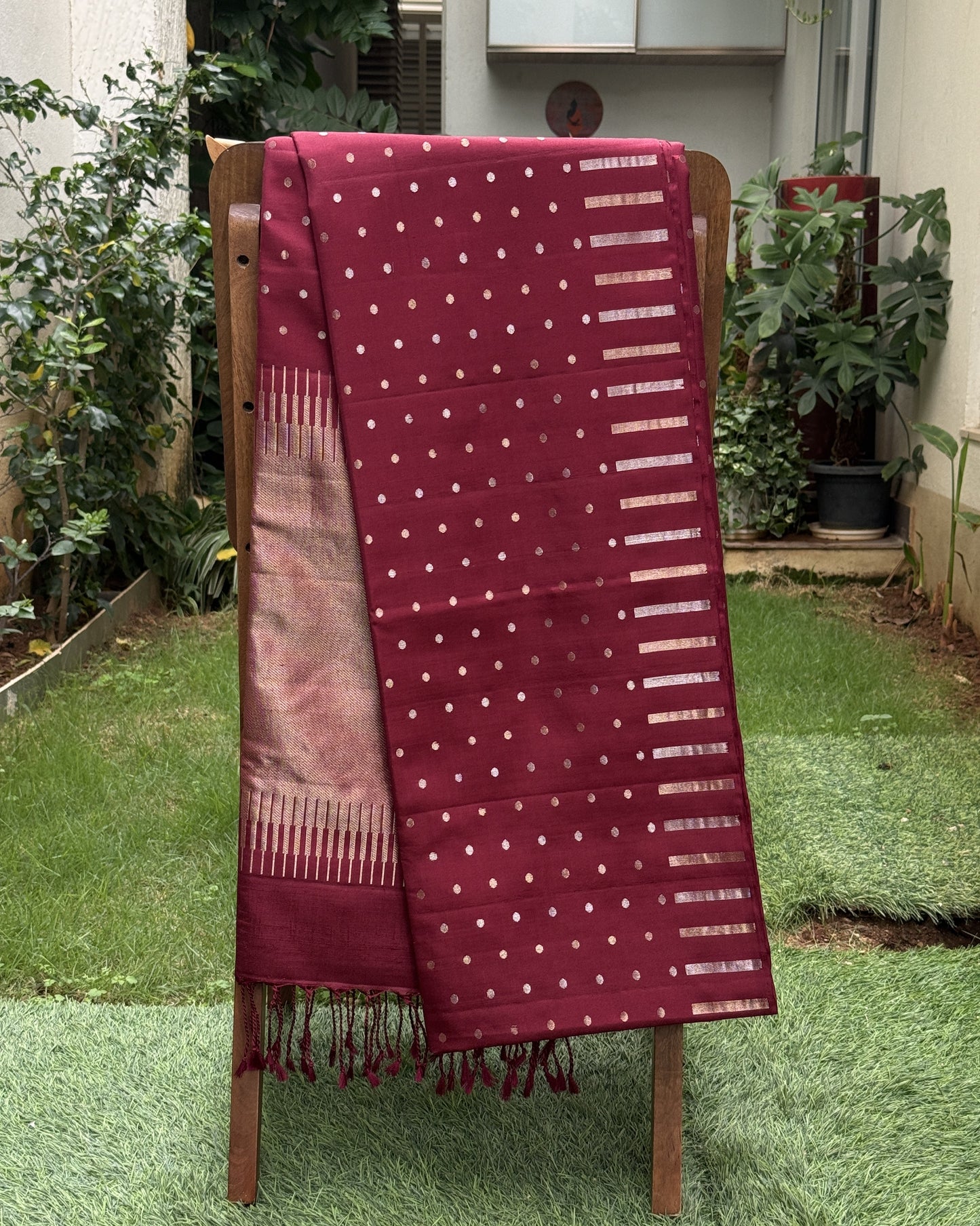 Royal Maroon Silk Saree with Silver Dot Motifs