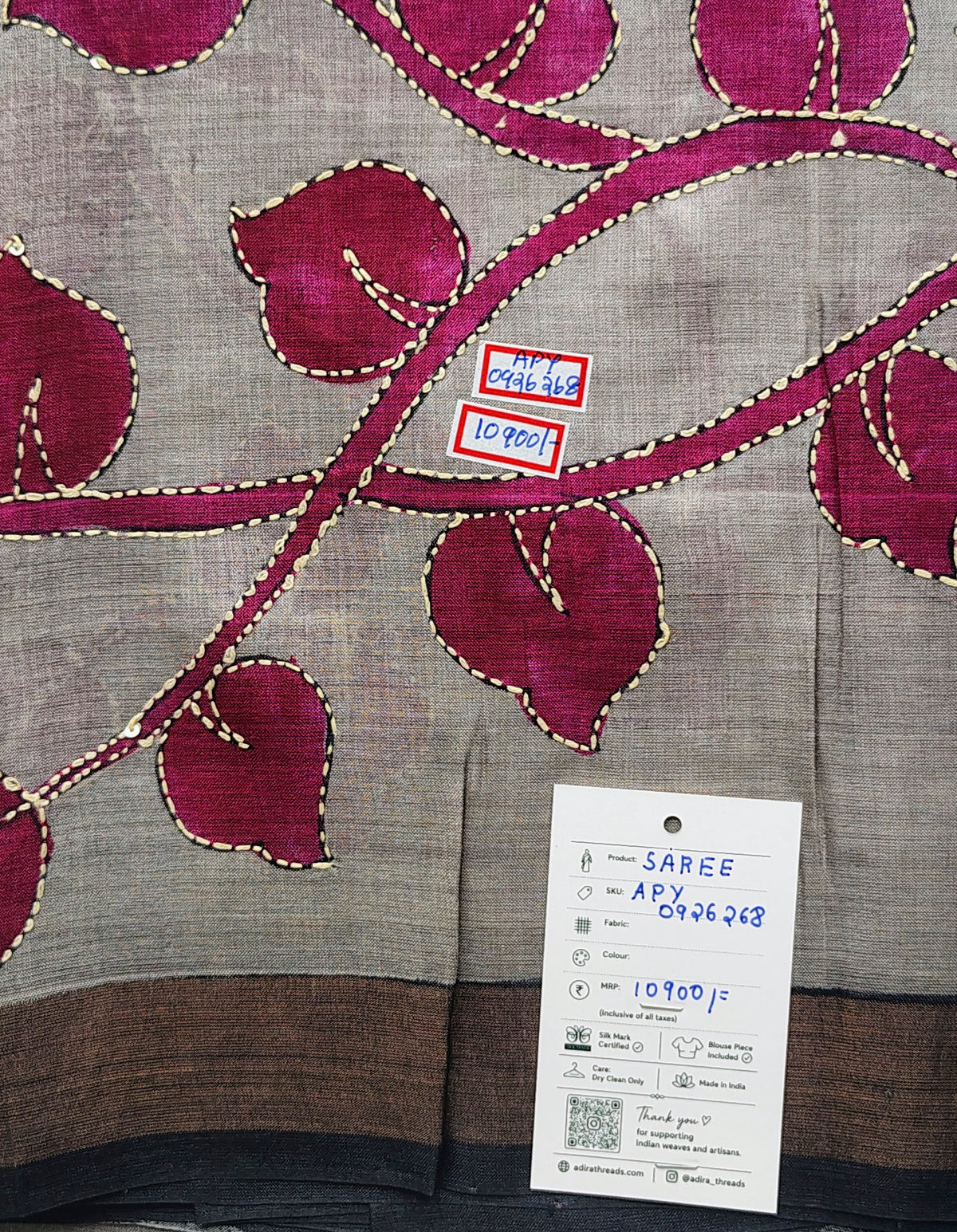 Grey Magenta Leaf Kalamkari Tussar Silk Saree with Brown Border