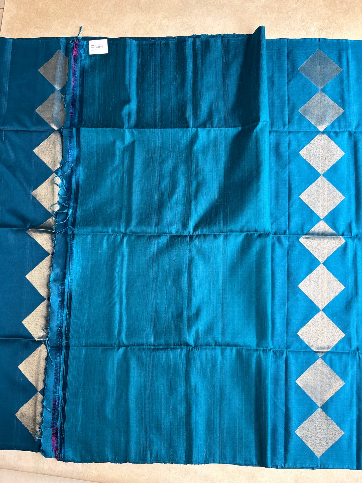 Blue Silk Saree with Geometric Diamond Motifs