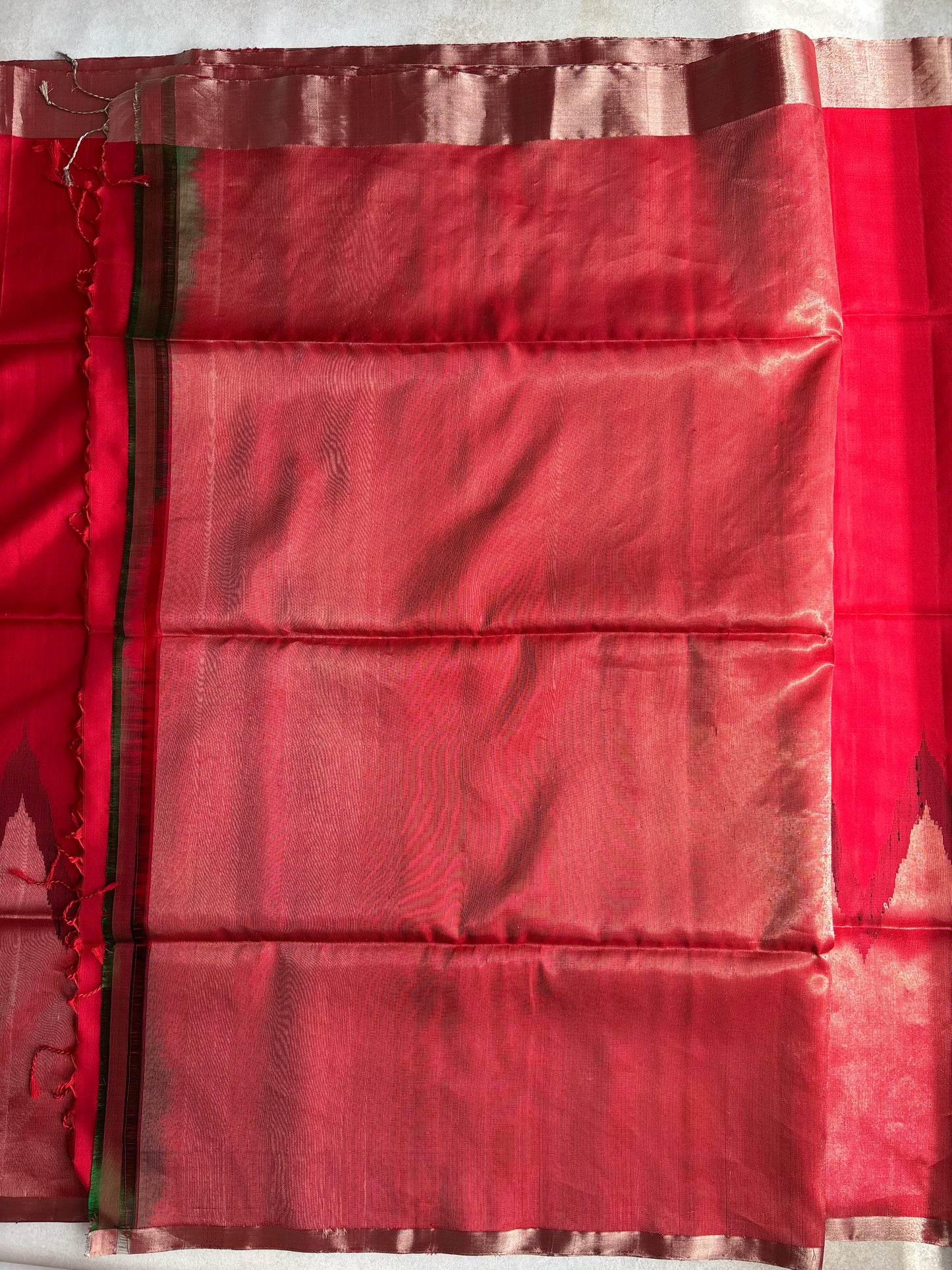 Crimson Red Silk Saree with Temple-Inspired Geometric Border