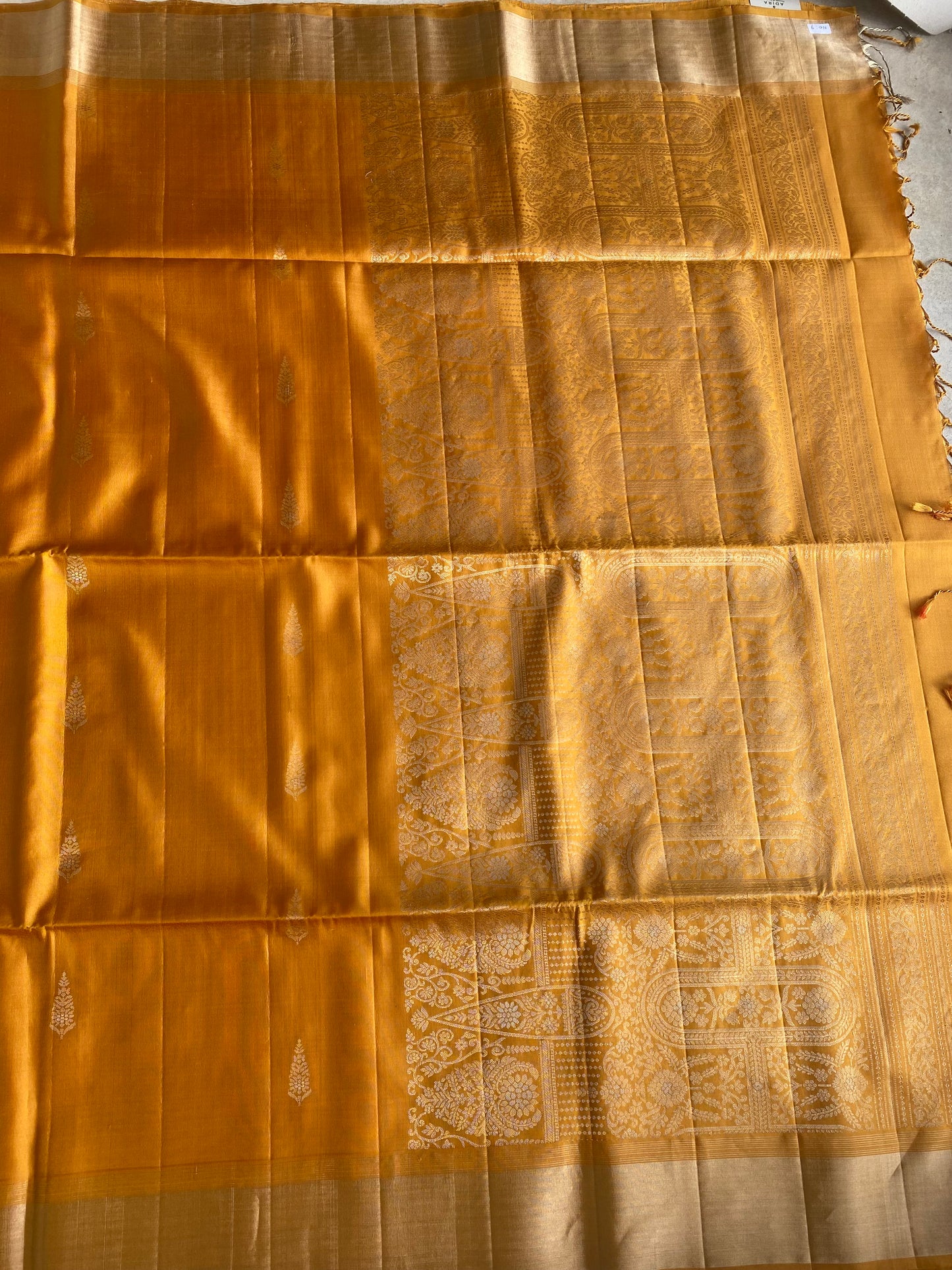 Mustard Gold Silk Saree with Floral Buttas and Grand Zari Pallu
