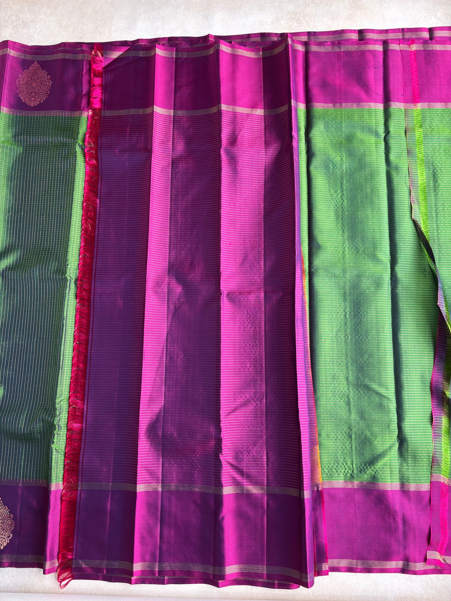 Green Silk Saree with Magenta Border and Check Pattern