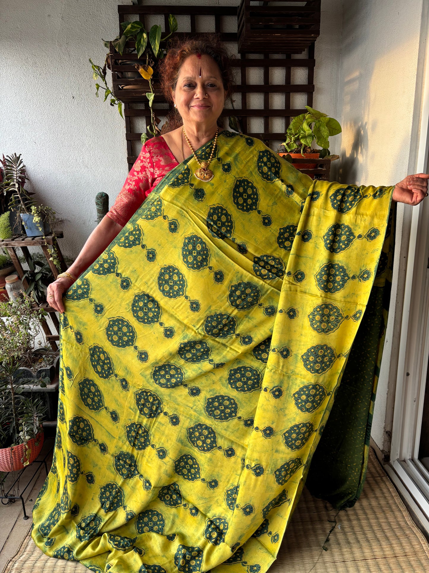 Lime Yellow Ajrakh Modal Silk Saree – Vanaspati Handblock Print