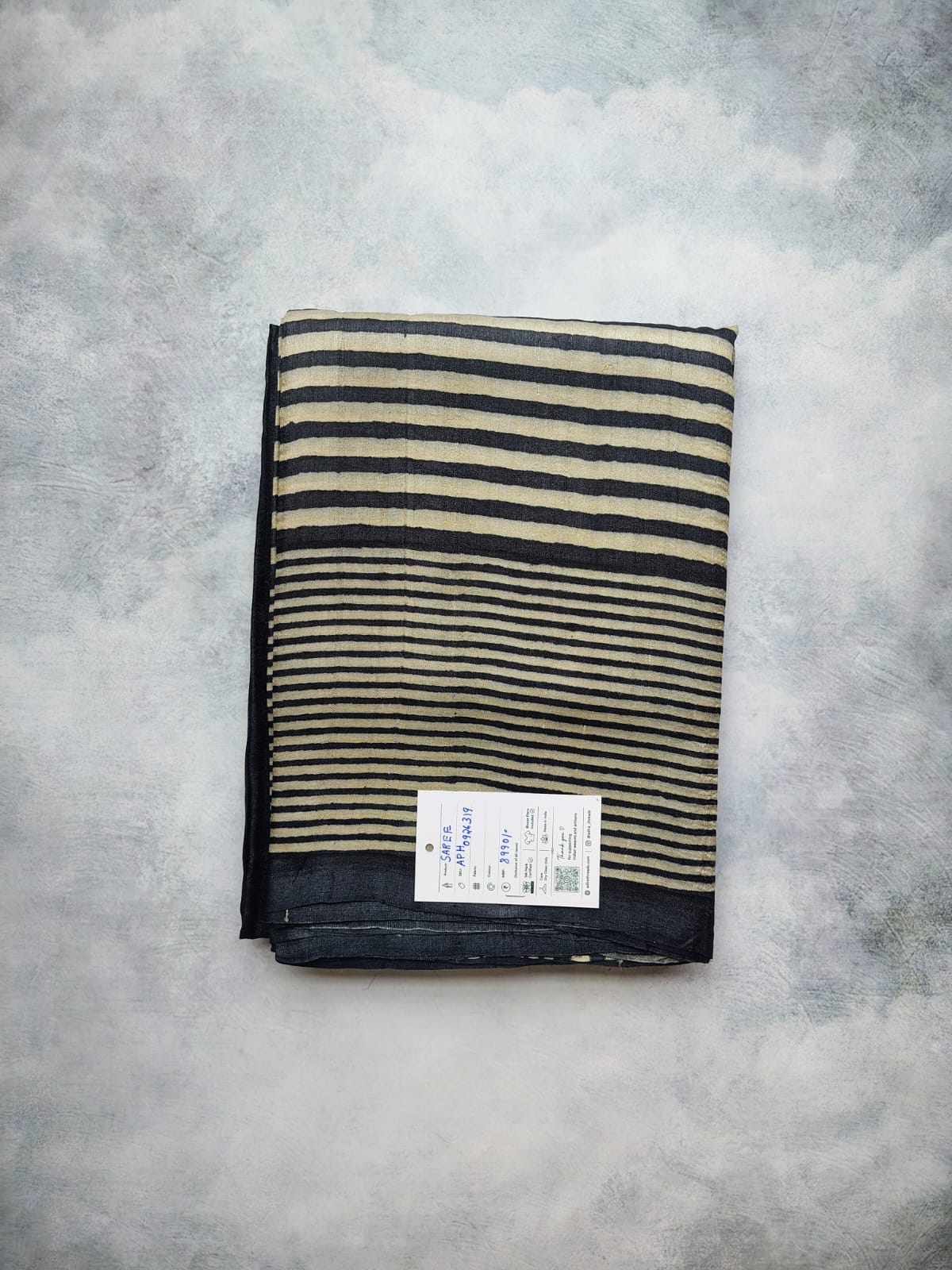 Black & Beige Striped Tussar Silk Saree