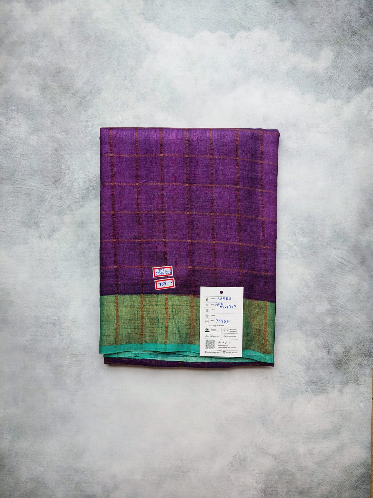 Royal Purple Zari Check Tussar Silk Saree with Green Border