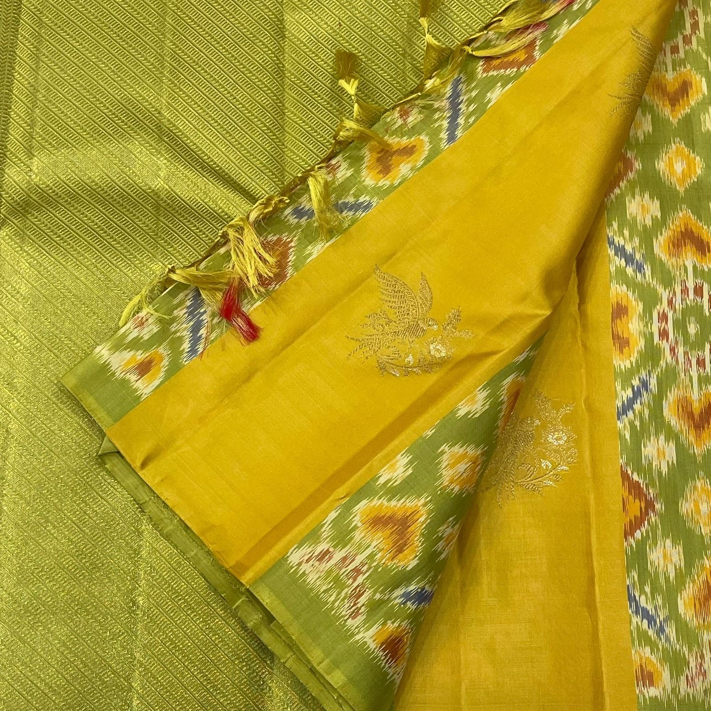 Yellow & Pistachio Green Handwoven Silk Saree with Ikkat Design - Kanchi Silk