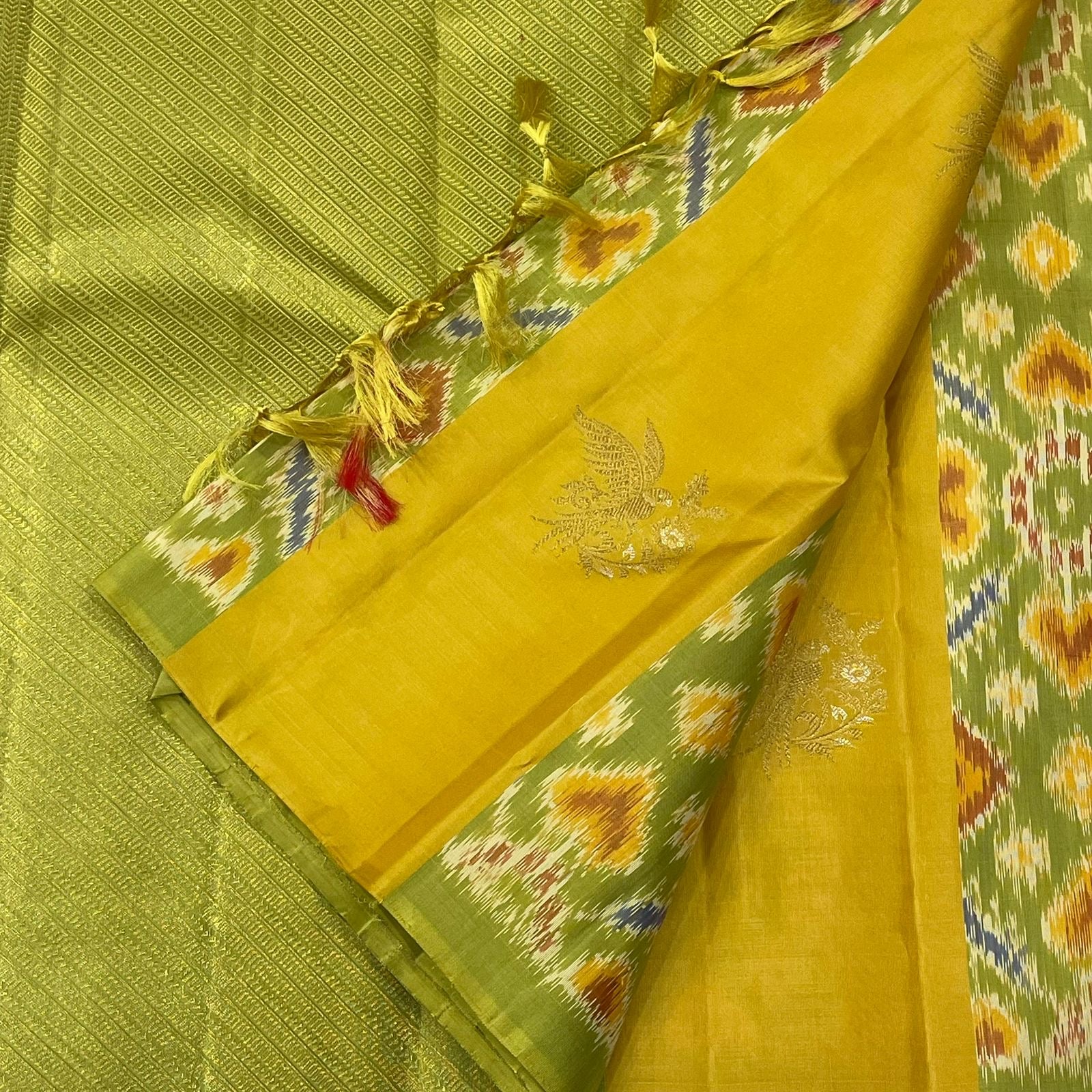 Yellow & Pistachio Green Handwoven Silk Saree with Ikkat Design - Kanchi Silk