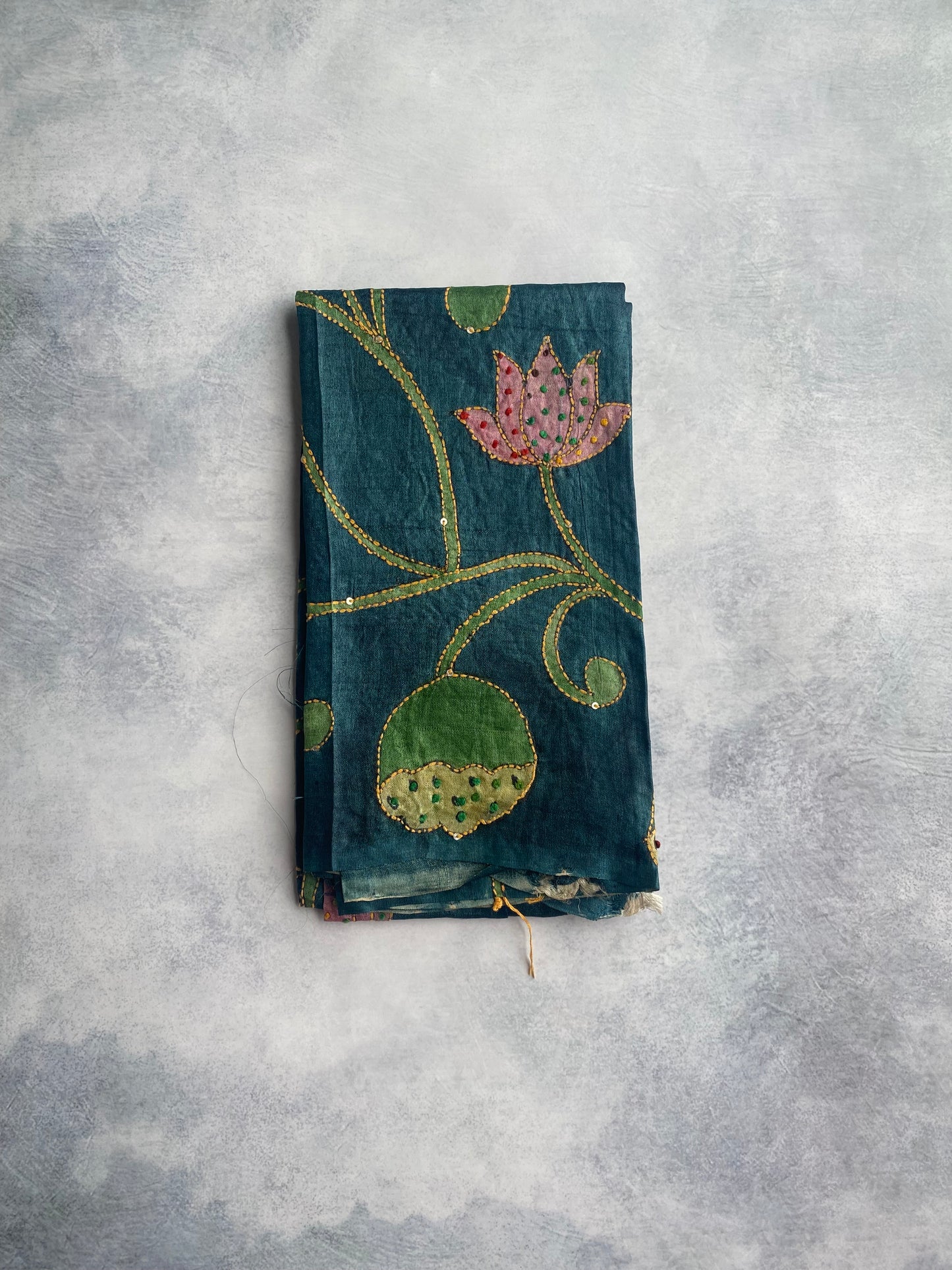 Tussar Kalamkari Kantha Blouse Piece (Deep Teal Blue)