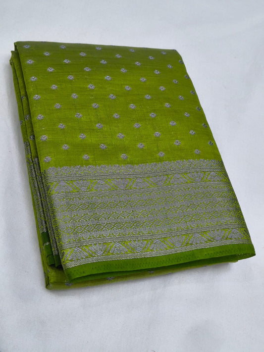 Sea Green Semi Tussar Silk Saree with Silver Zari Buttas