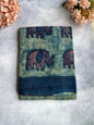 Sage Green Ajrakh Saree with Elephant Motifs and Navy Border