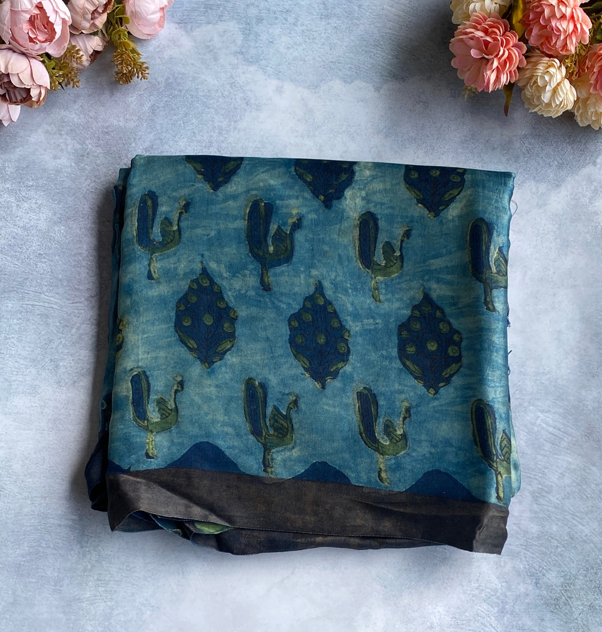 Teal Blue Ajrakh Saree with Peacock and Buti Motifs