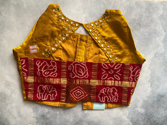 Mustard Gold Silk Blouse with Red Bandhini Patchwork