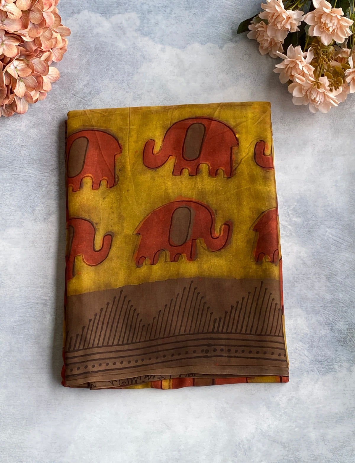 Mustard Ajrakh Saree with Elephant Motifs