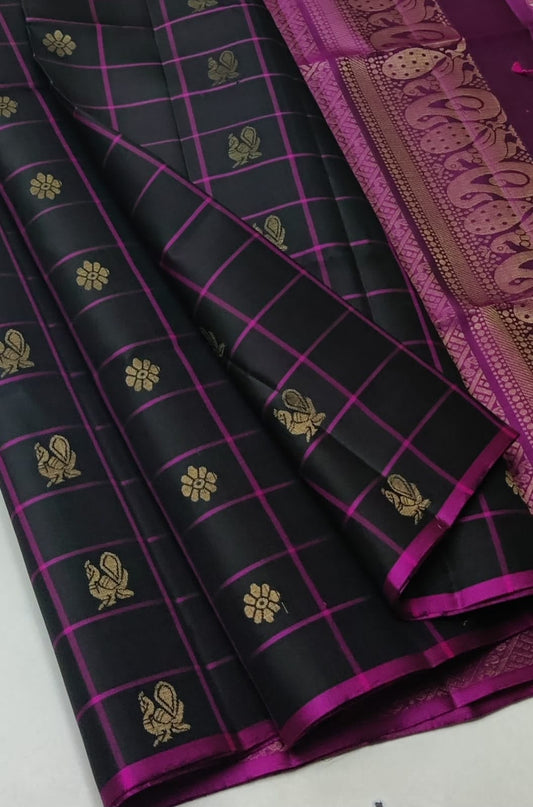 Black Checks Kanchi Pure Silk Saree