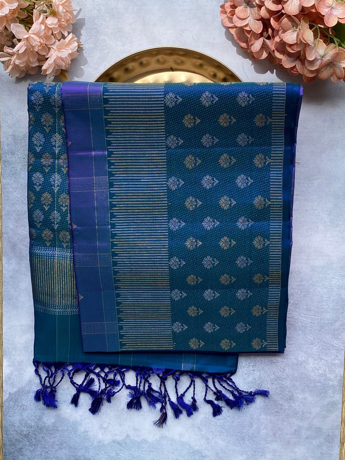 Teal Blue Striped Silk Saree