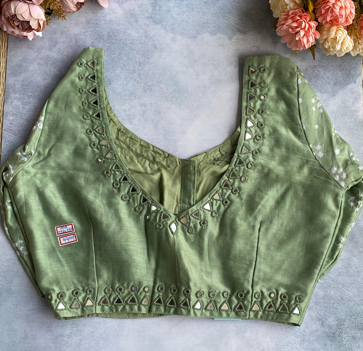 Sage Green Pearl Trim Blouse