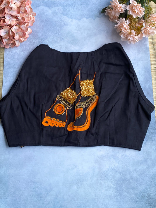 Black Gold-Orange Floral Embroidered Blouse