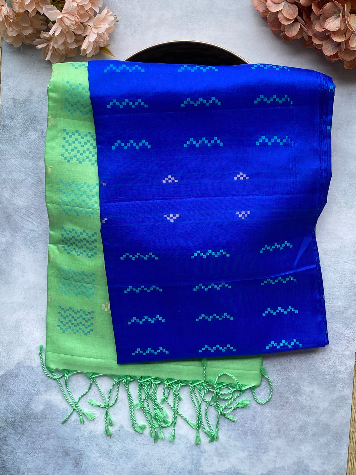 Royal Blue Silk Saree with Green Contrast Border