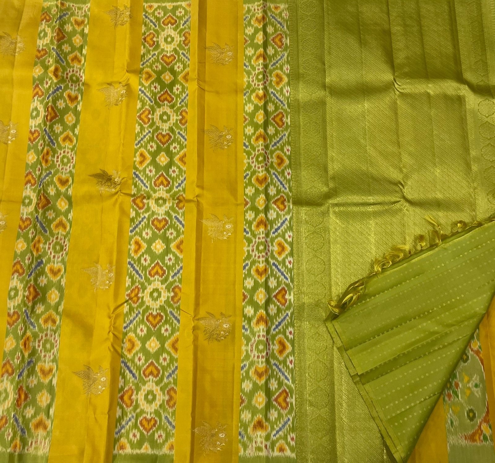 Yellow & Pistachio Green Handwoven Silk Saree with Ikkat Design - Kanchi Silk