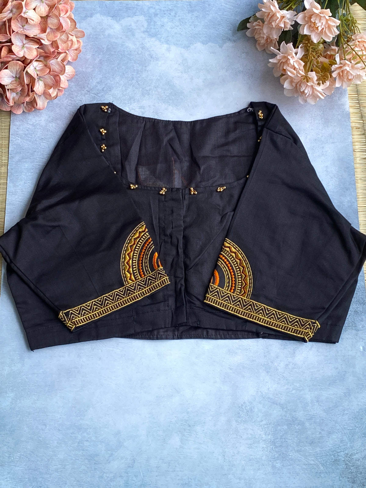 Black Gold-Orange Floral Embroidered Blouse