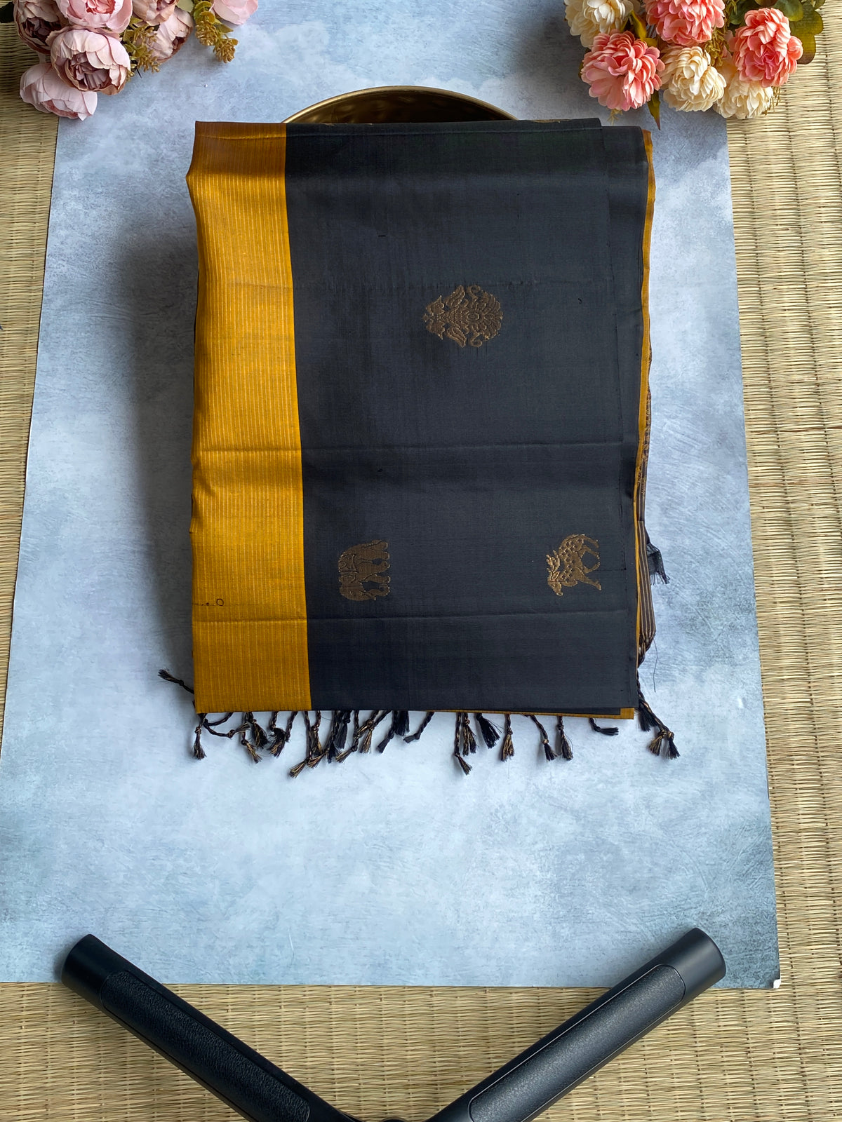 Charcoal Black Silk Saree with Mustard Border