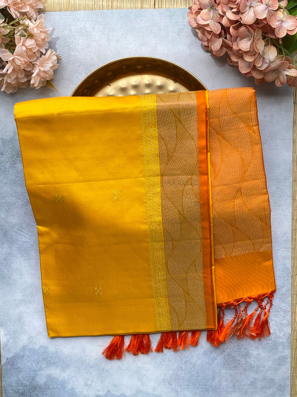Mustard Yellow Silk Saree with Gold Border