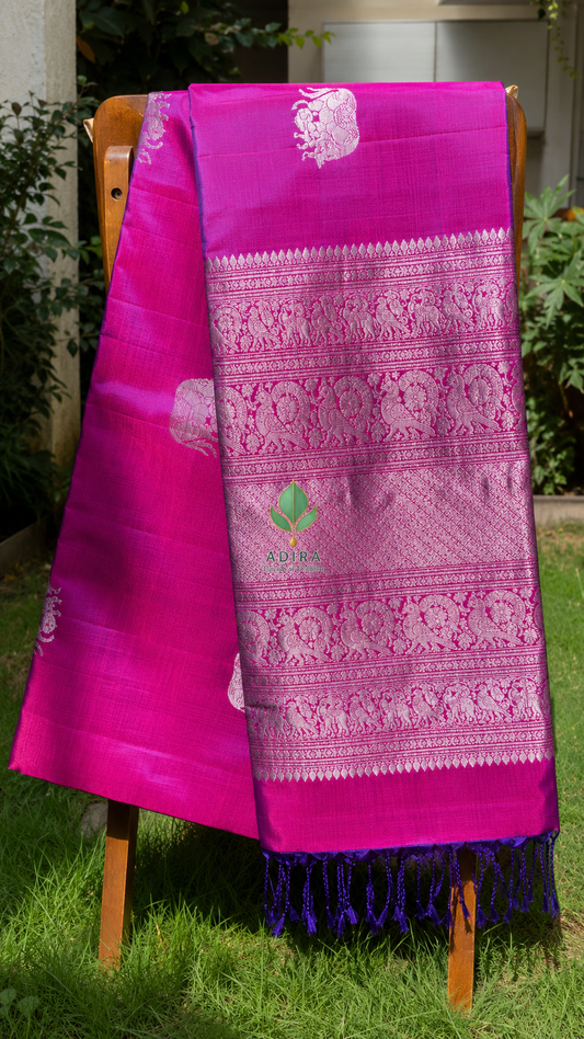 Royal Fuchsia Pink Silk Saree with Kamadhenu Motif Border