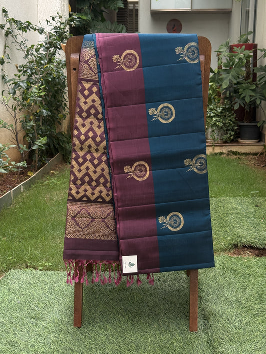 Dual Tone Midnight Blue & Royal Plum Handwoven Silk Saree with Heritage Zari Motifs