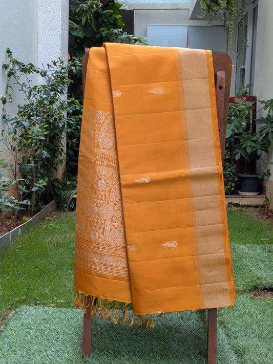 Mustard Gold Silk Saree with Floral Buttas and Grand Zari Pallu