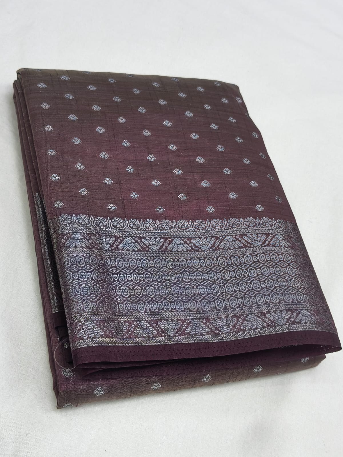 Chocolate Brown Semi Tussar Silk Saree with Silver Zari Buttas