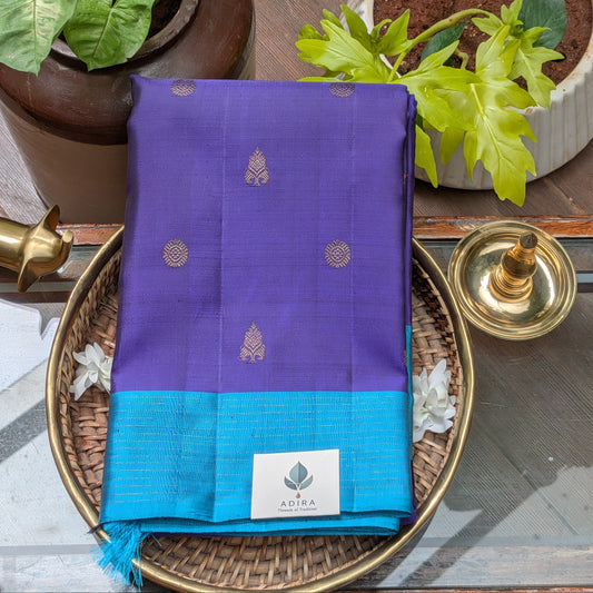 Royal Violet Silk Saree with Contrast Turquoise Border and Traditional Buttas