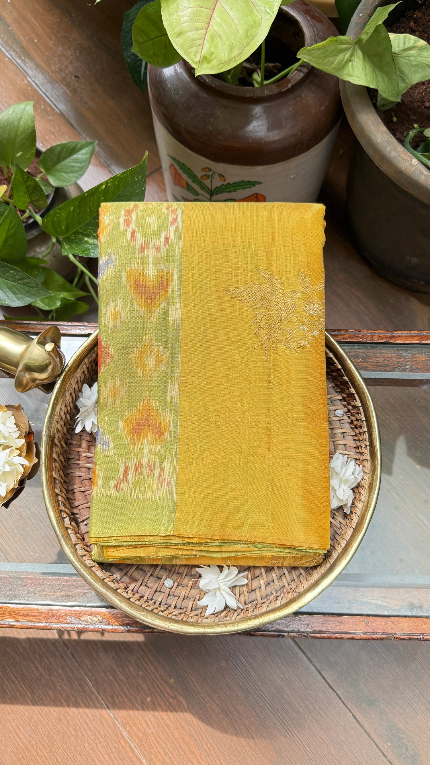 Yellow & Pistachio Green Handwoven Silk Saree with Ikkat Design - Kanchi Silk
