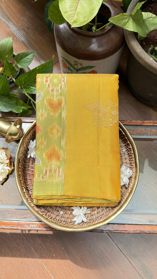 Yellow & Pistachio Green Handwoven Silk Saree with Ikkat Design - Kanchi Silk