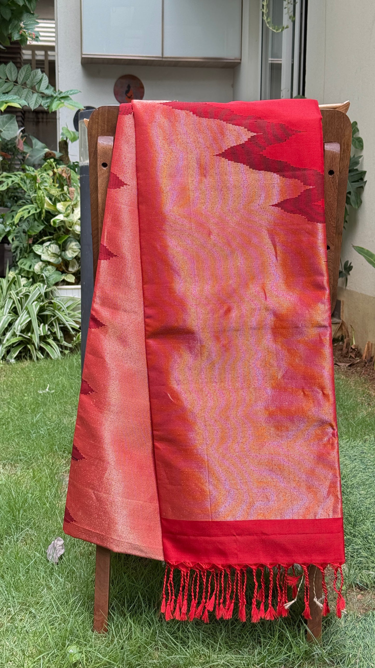 Crimson Red Silk Saree with Temple-Inspired Geometric Border