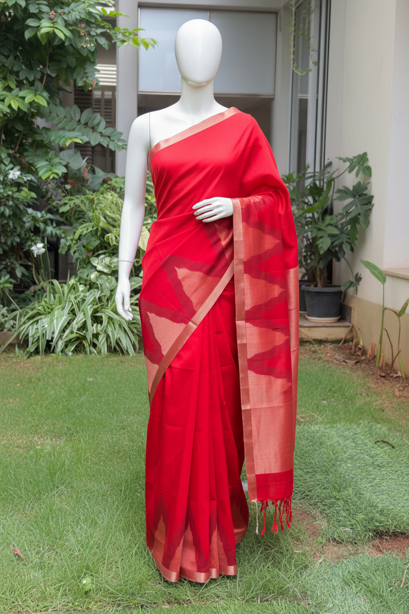 Crimson Red Silk Saree with Temple-Inspired Geometric Border