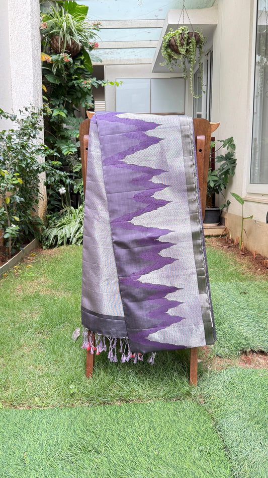 Lavender Grey Silk Saree with Temple-Inspired Geometric Border