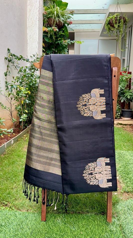 Midnight Black Silk Saree with Royal Elephant Motifs