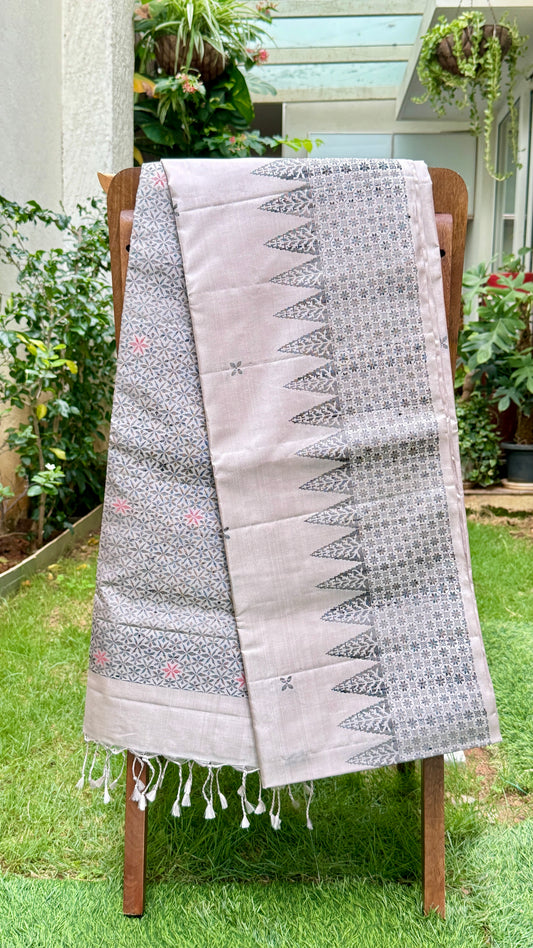 Pearl Grey Silk Saree with Temple-Inspired Geometric Border