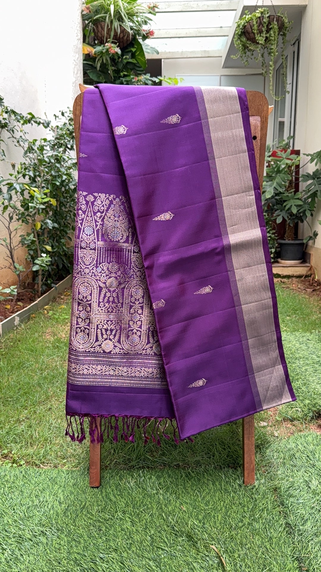 Royal Violet Silk Saree with Floral Buttas and Grand Zari Pallu