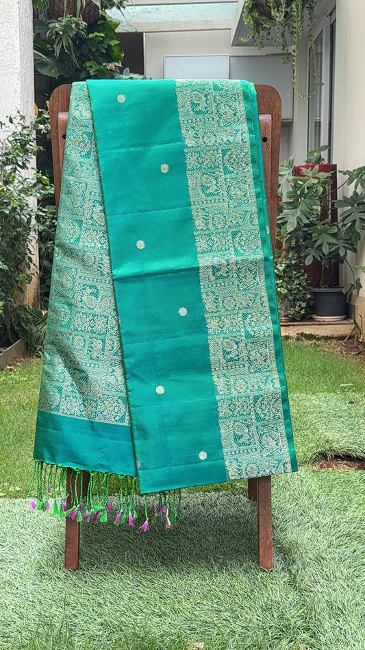 Emerald Teal Silk Saree with Heritage Zari Panel Border