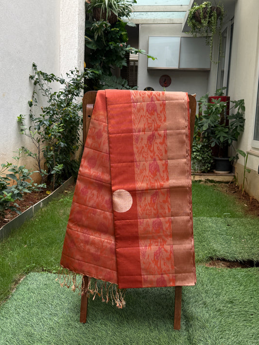 Rust Orange Silk Saree with Ikat-Inspired Weave and Statement Polka Motif